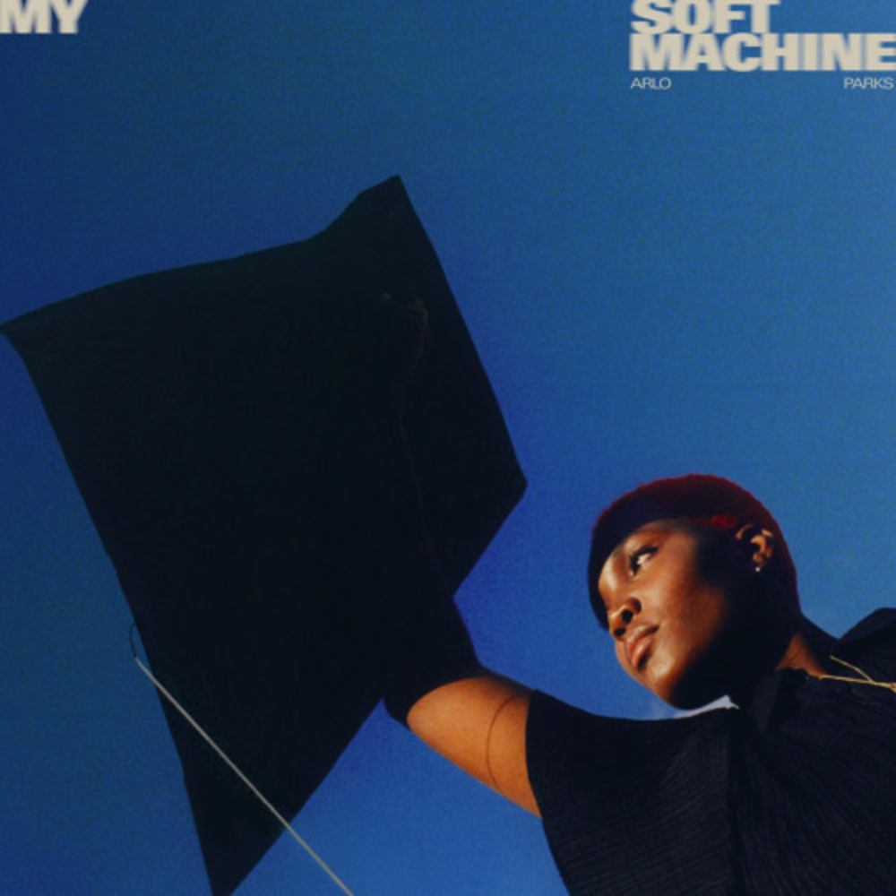 capa do álbum 'my soft machine' de arlo parks. arlo aparece em primeiro plano segurando uma bandeira preta em frente a um fundo azul
