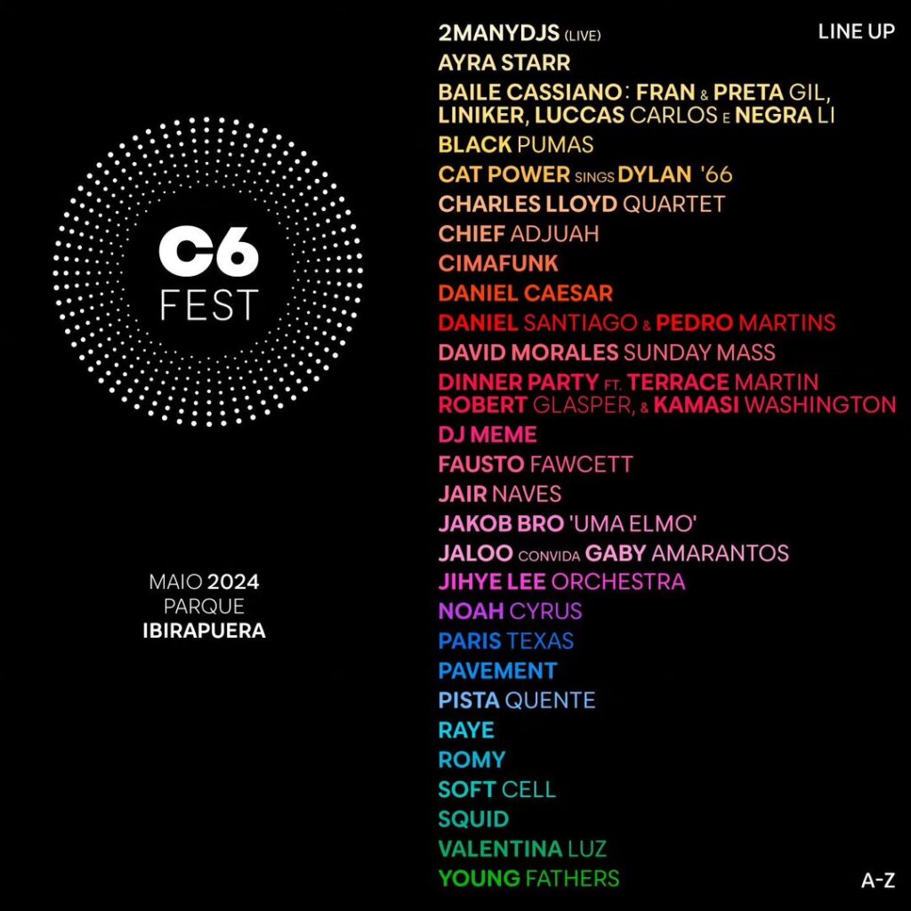 imagem em fundo preto com o logo do C6 Fest à esquerda e uma lista completa das atrações do festival à direita